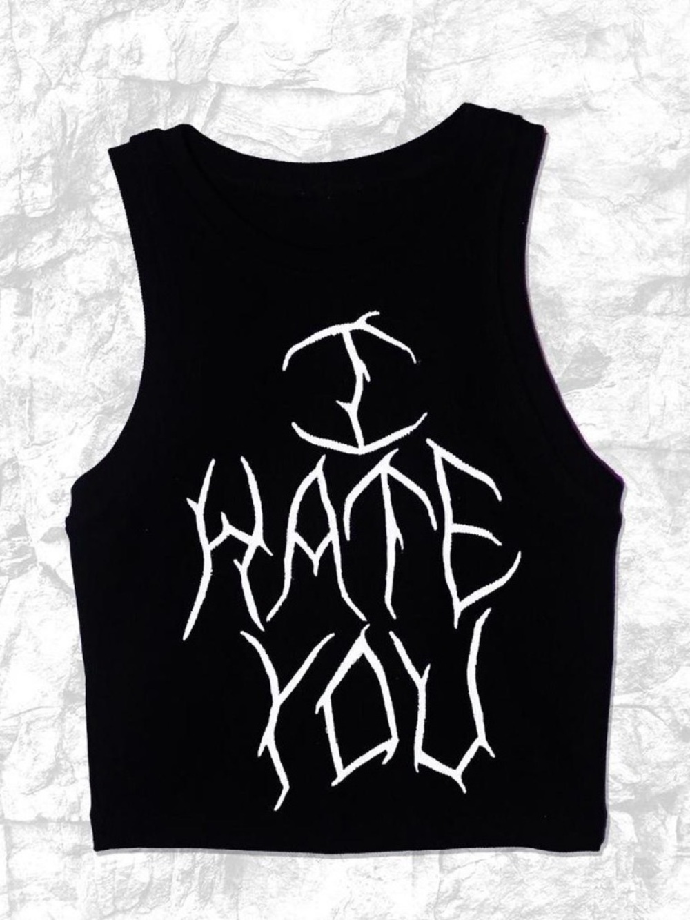 Dolls Kill Black Crop Tank with White "I Hate You" Graphic